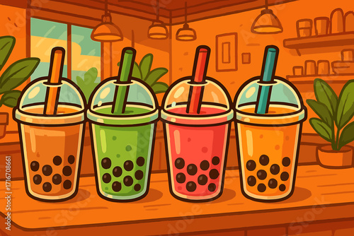 Boba tea collection. Bubble tea with tapioca pearls in plastic cups. Assortment of colorful milk tea drinks in a cafe. Vector cartoon illustration for a restaurant menu.