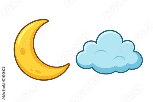 Crescent moon and cloud vector icon set. Cartoon night sky elements. Isolated weather symbol. Cute illustration for kids, baby shower, nursery decor, sleep concepts, book.