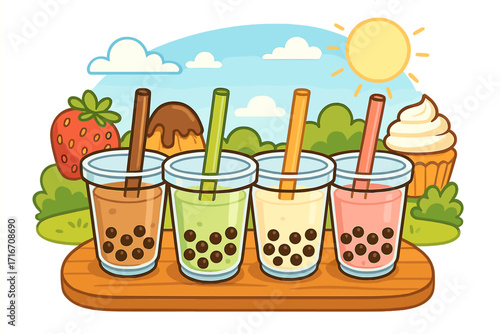 Boba tea collection vector cartoon illustration. Bubble tea set with tapioca pearls. Summer drinks in a cute dessert setting with strawberry and cupcake on a sunny day.
