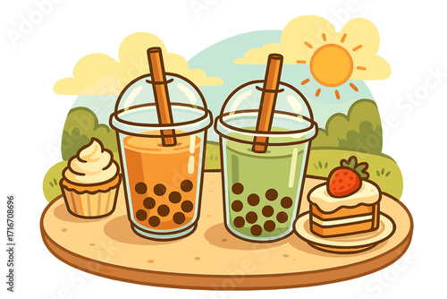 Boba tea cups with tapioca pearls, cake and cupcake dessert. Vector cartoon illustration of a sweet drink. Sunny afternoon picnic concept with bubble tea. Kawaii food drawing.
