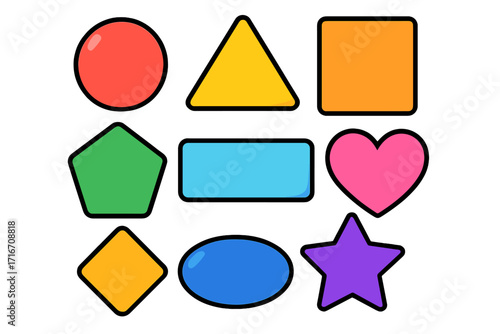 Colorful geometric shapes set for kids learning. Basic shape collection for children. Vector cartoon illustration of circle, triangle, square, heart, star, pentagon, oval.