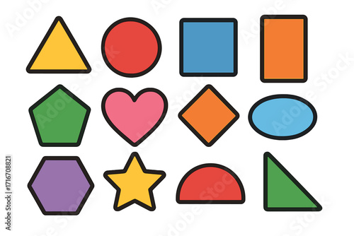 Colorful basic geometric shapes for kids. Educational visual learning aid for preschool. Set of flat cartoon vector icons including circle, square, triangle, heart, and star.