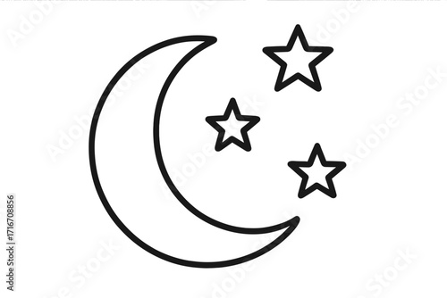 Crescent moon and stars icon. Night sky symbol. Simple weather pictogram. Sleep and dream concept. Space, galaxy, universe. Celestial body. Astronomy sign for website and app.