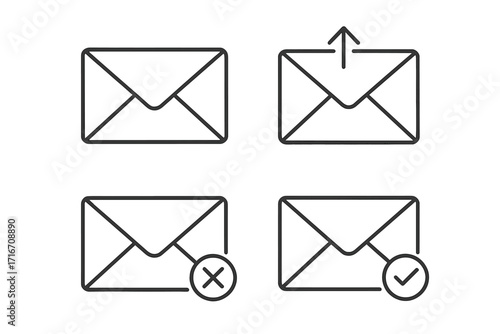 Mail line icon pack with editable stroke. E-mail message sending, delivery success, and failure status. Envelope linear pictogram collection for app, web UI, and card design.