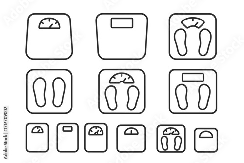 Body weight scale line icon set. Bathroom floor scales vector pictogram. Health, fitness, diet, nutrition, weight loss symbol. Minimalist linear icons with editable stroke.