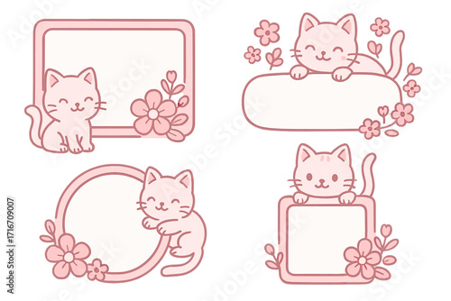 Set of cute cat frames with flowers. Pink kawaii kitty holding blank banner. Cartoon pet graphic template for baby shower, kids note, label. Adorable animal doodle vector.