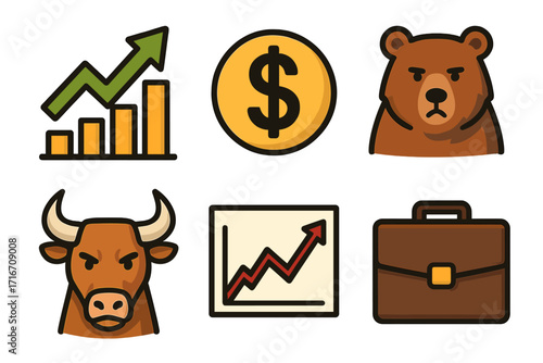 Stock market icon set for finance and business. Concepts for trading, investment, and economy. Vector illustration with bull, bear, dollar, growth chart, and briefcase symbols.