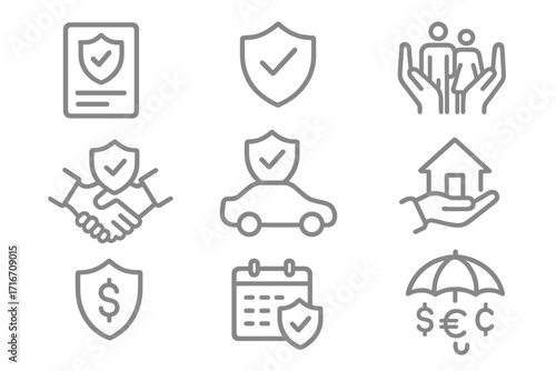 Insurance line icons set. Financial protection, security, and policy symbols. Vector pictograms for car, home, family, and money insurance. Risk management concepts for web UI.
