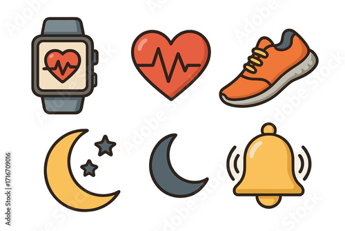 Health and fitness icon set. Smartwatch with heart rate monitor, running shoe for exercise, night mode for sleep tracking and reminder bell. Vector cartoon collection.