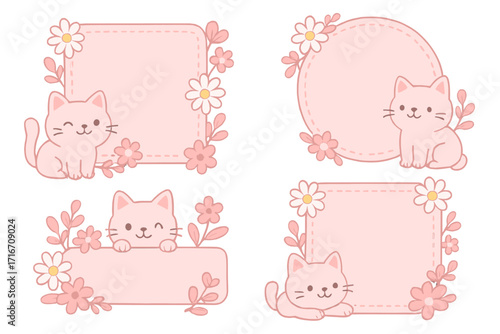 Cute cat and flower frame set. Kawaii pink kitten with floral border. Cartoon vector template for notes, messages, labels. Girly doodle illustration for scrapbooking.