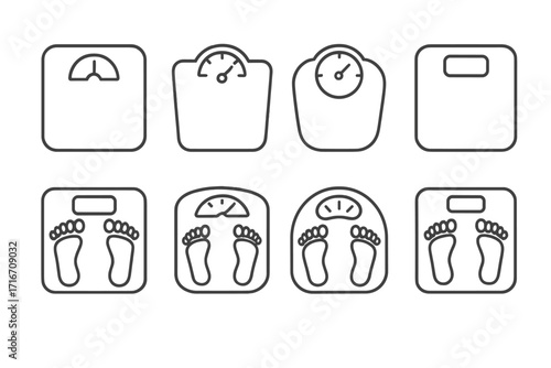 Floor scale line icon set. Bathroom weight measurement symbol collection. Editable stroke vector pictograms for health, diet, fitness apps. Body mass control concept icons.