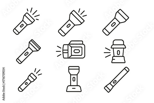 Flashlight line icon set. Torch, lantern, headlamp pictogram collection. Editable stroke. Light beam, camping equipment, emergency tool, electricity symbol vector illustration.