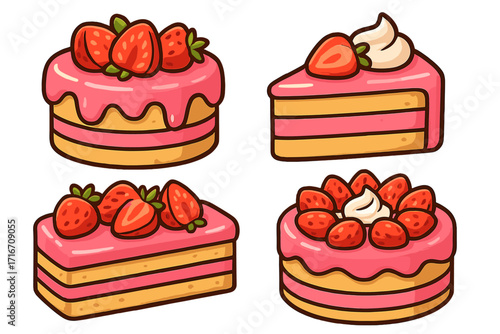 Set of delicious strawberry cakes and slices. Cartoon vector illustration of sweet desserts, pastries, and baked goods for a bakery. Pink frosted sponge cake with fresh fruit.