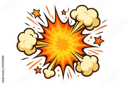 Comic book explosion. Cartoon pop art blast. Boom bang effect for comics. Vector illustration of a bomb explosion with smoke. Dynamic fire burst. Pow effect. Super hero.