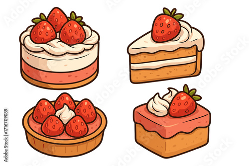 Strawberry cake vector cartoon illustration set. Collection of delicious sweet desserts, pastry, tart, and cake slice. Confectionery food icon collection for bakery menu.