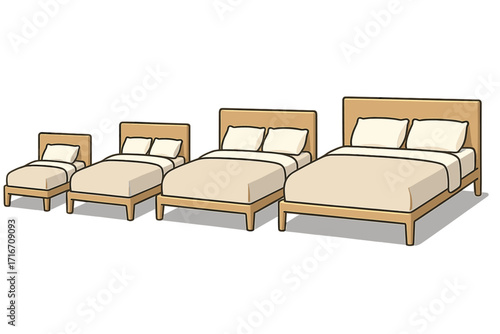 Vector illustration of different bed sizes. Minimalist wooden beds: single, double, queen, king. Modern furniture set for bedroom interior design. Simple, comfortable sleep concept.