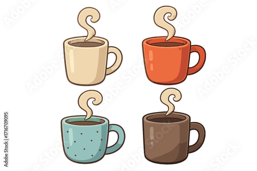 Coffee mug vector icon set. Collection of cute cartoon cups with hot drink and steam. Morning coffee, tea, or chocolate concept for cafe menu. Cozy beverage illustration.