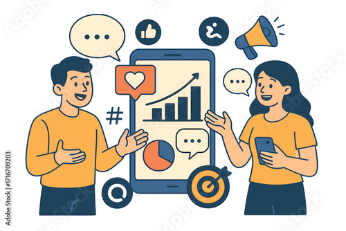 Social media marketing strategy for business growth. Engaging conversation, data analytics, and customer targeting with digital tools. Vector cartoon people with mobile app chart.
