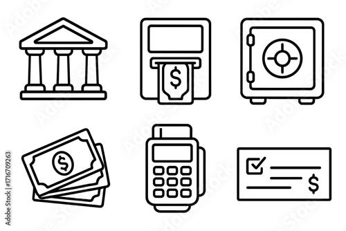 Finance icons set. Bank, atm, safe, cash, card reader, check in outline style. Vector money and banking symbols. Payment and transaction pictogram collection for web.