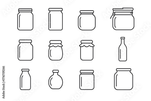 Glassware line icon set. Editable stroke vector collection of glass jars and bottles. Simple outline symbols for canning, jam, preserves, food storage, and packaging design.