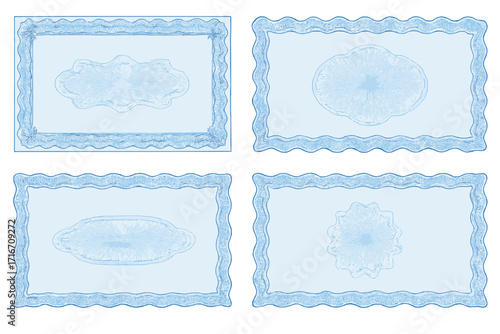 Vector set of gift certificate templates. Voucher with guilloche pattern, watermark and secure border. Background for coupon, banknote, money design, currency, note, check.