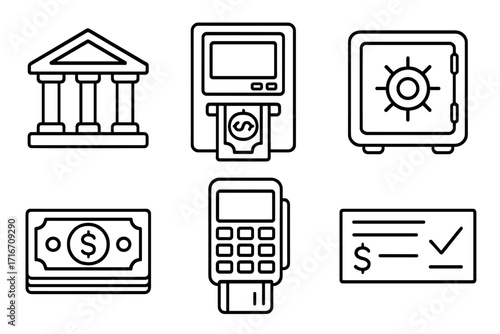 Finance and banking thin line icon set. Vector collection of bank, ATM, safe, cash, card reader, and check symbols. Financial transaction, payment and money concept icons.