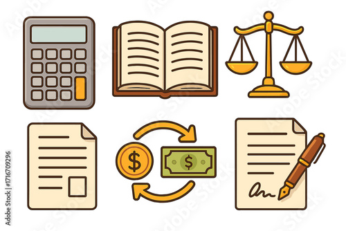 Finance and legal icon set with calculator, book, and scales of justice. Business concept with tax document, money exchange, and signing a contract. Vector illustration.