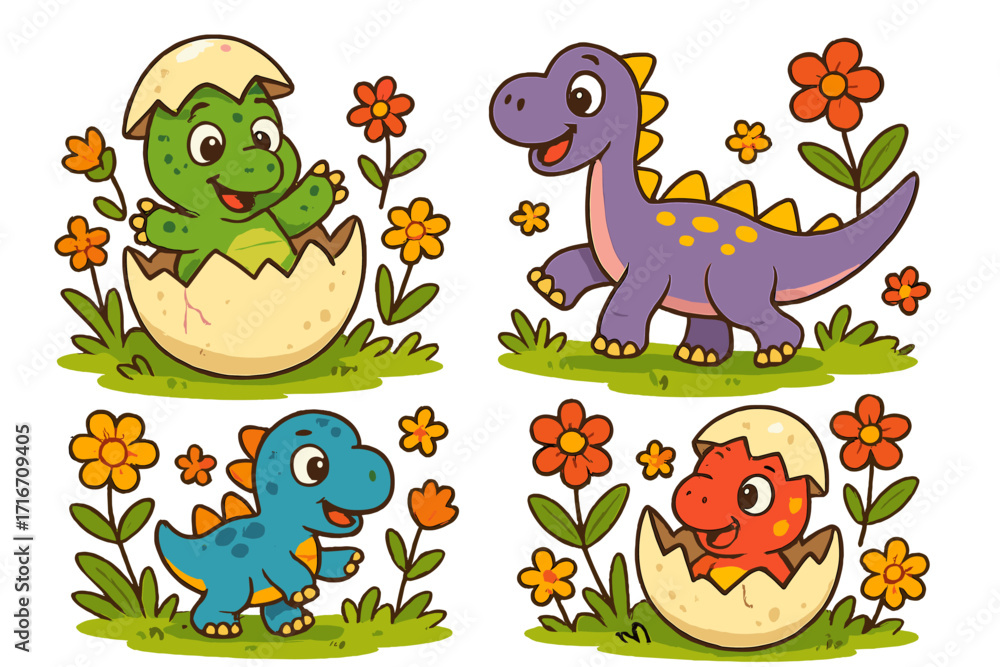 Fototapeta premium Set of cute cartoon baby dinosaurs. Funny colorful dino characters hatching from an egg or walking among flowers and grass. Cheerful prehistoric animal illustration for kids.