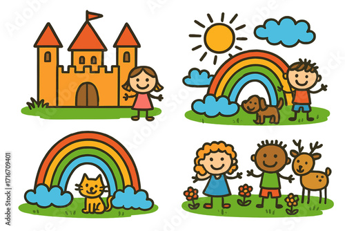 Set of cute kid's drawings. Happy children, castle, rainbow, animals. Naive art doodle collection. Vector illustration for kids. Stick figure boy and girl, cat, dog, deer.