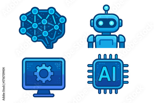 AI technology icon set. Artificial intelligence, machine learning, neural network, and robotics concepts. Vector cartoon illustration of robot, brain, cpu and computer.