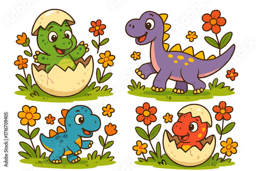 Set of cute cartoon baby dinosaurs. Funny colorful dino characters hatching from an egg or walking among flowers and grass. Cheerful prehistoric animal illustration for kids.