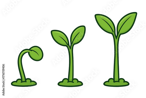 Plant growth stages vector illustration. Sprout, seedling, plant life cycle icon set. New life, development, and evolution concept. Agriculture, gardening cartoon graphic.