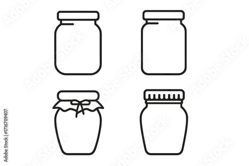 Glass jar isolated line icon set for web, apps, infographics. Vector cartoon illustration of empty containers for canning jam, honey, pickles, preserves. Food storage symbol.