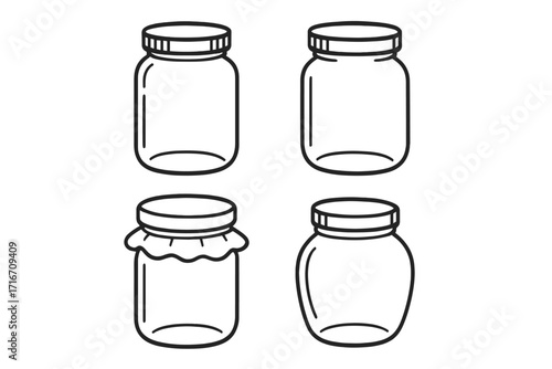 Glass jar line icon set for food storage and preservation. Vector collection of empty containers for canning jam or honey. Simple outline illustration for web and apps.