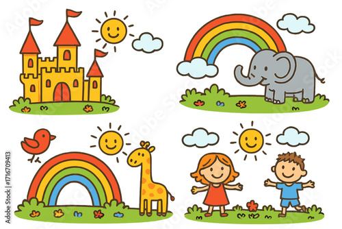 Set of colorful childhood drawings. Cute kids doodle collection with castle, rainbow, elephant, giraffe, sun, and happy children. Vector cartoon illustration for kindergarten.