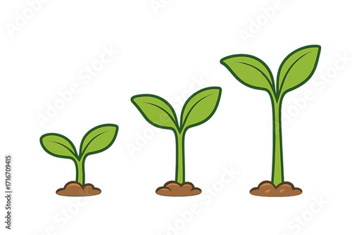 Vector illustration of plant growth stages. Green seedlings sprouting in a sequence. Concept of new life, development, business startup, investment, and progress. Cartoon sapling set.