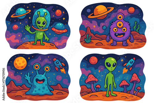 Colorful alien vector illustration set. Cute cartoon characters and funny monsters in space. Extraterrestrial life on cosmic landscapes with planets, rockets, and UFOs.