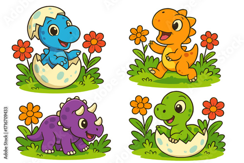 Cartoon baby dinosaur set. Cute dino hatching from egg, triceratops, t-rex. Prehistoric animal character mascot collection. Funny jurassic reptile for kids. Vector illustration.
