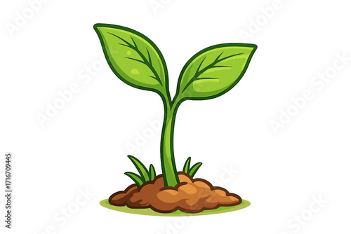 Green sprout growing from soil. Seedling with two leaves. Concept of new life, beginning, growth, and development. Ecology and environment. Gardening. Vector illustration icon.