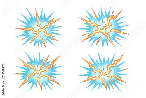 Electric spark cartoon set. Vector energy flash, explosion effect. Blue and orange power shock, impact burst. Comic book style lightning bolt, thunder zap VFX animation sprites.