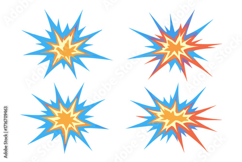 Vector set of cartoon explosion effects. Comic book style bang and blast flashes. Blue and red energy bursts or impact sparks. Dynamic action illustration for animation or games.