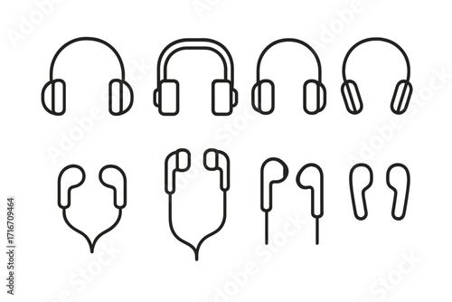 Headphones and earphones line icon set. Audio music listening gadget collection. Minimal outline vector pictogram with editable stroke. Headset, earbuds, and sound symbols.