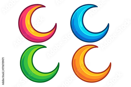 Set of colorful crescent moons. Vector cartoon icon collection. Night sky symbol. Celestial body illustration. Fantasy, dream, sleep concepts. Shiny, glossy, vibrant graphic element.