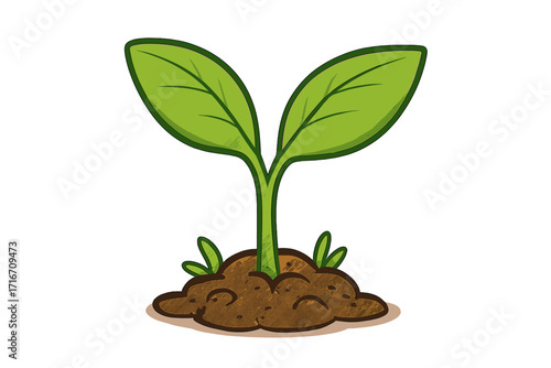 Green sprout with two leaves growing from soil. Concept of new beginnings, growth, life, nature, environment and ecology. Vector cartoon illustration of a seedling plant.