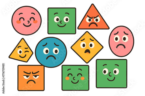 Set of cute geometric characters with various emotions. Cartoon vector basic shapes with faces. Emoji collection for mental health, mood, or feelings concept illustration.