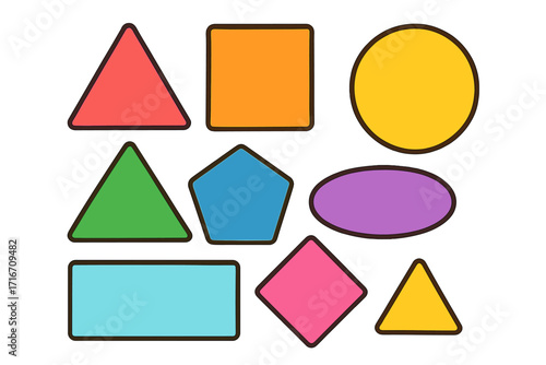Colorful basic geometric shapes for kids learning. Educational visual aid set for toddlers. Triangle, square, circle, pentagon for preschool & kindergarten math teaching.