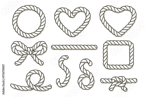 Rope shapes vector set. Nautical cord collection. Marine string elements. Heart, bow, knot, frame, circle border. Cartoon twisted illustration for design on white background.