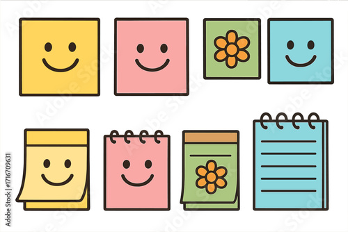 Set of colorful sticky notes, memos, and notepads with smiling faces and flowers. Vector cartoon illustration of cute stationery for office, school, or personal reminders.