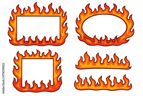 Cartoon flame border designs set. Vector fire frames collection for graphic projects. Hot blazing decorative elements. Vivid fiery burning edges illustration. Bonfire shapes.