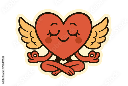 Groovy retro heart with wings meditating in lotus pose. 70s cartoon character mascot for yoga, relaxation, and self-love. Zen, calm, spiritual concept for Valentine's Day.